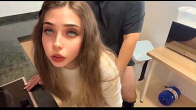 While I clean the kitchen my roommate puts his small cock in me, he enjoys fucking me and giving me a creampie