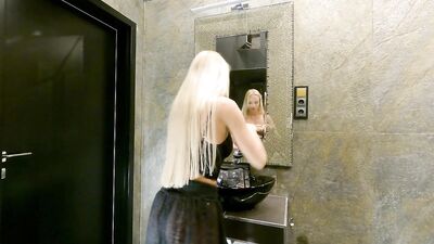 No Underwear Big Boobs Blonde Girl in Bathroom shows Under her Skirt Shaved Pussy