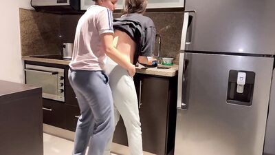 Wife fucked hard with tongue while washing dishes in the kitchen, getting her to cum before her step