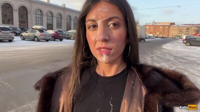 Agreed to walk with a stranger's sperm on face in a public place - Cumwalk