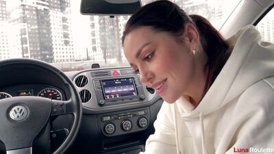 Hot blowjob in the parking lot with cum swallowing