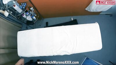 Horny masseur man puts his hand all over the body of a 19-year-old girl and he likes his cock