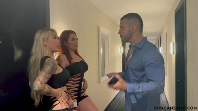 Curvy babes give me a warm welcome at my hotel room