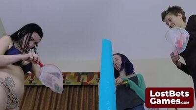 Naughty amateur brunettes lose their first nude strip game & indulge in lesbian spanking & lost bets games