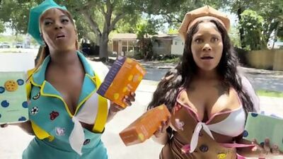 Watch these two horny ebony MILFs share a big dick in a wild threesome