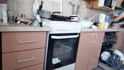 Amateur hairy brunette, big tits, sensual hairy woman in the kitchen.