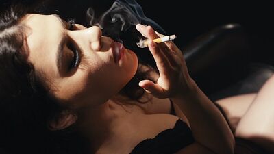 Valentina Nappi Smoking Cigarette - Sexy Italian Girl with Red Lipstick Prepares for Blowjob