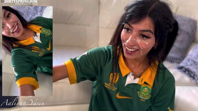 Cute rugby fan Aaliyah Yasin sucks cock for huge facial