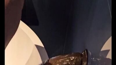 Streching out my pussy on a large dark dildo in the hotel bathtub