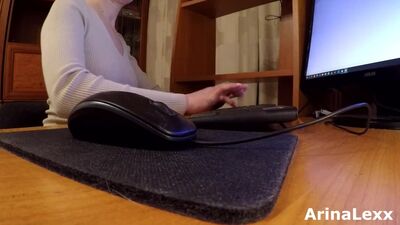 office worker secretly watches porn and caresses nipples and pussy while colleagues are working