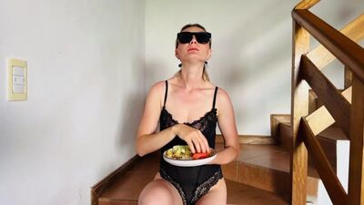 Yes, I'm a young MILF. I eat food seductively and show my breasts