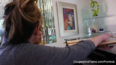 Brunette hottie gets her hairy pussy pleasured by her piano teacher