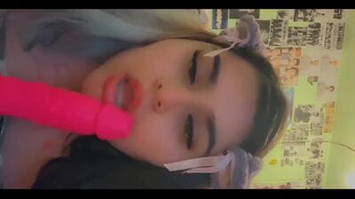 sucking on a cute pink dildo uwu!