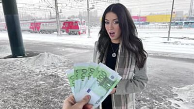 Katty West fucks & sucks for cash on a train, getting a cumshot on her ass