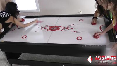 Watch the Girls lose their virginity in a wild strip party with Exhausting Strip Air Hockey action!